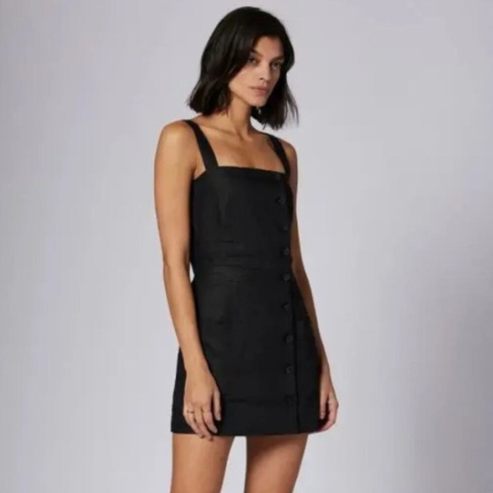 NWT Equipment Linen Katia Button Front Mini Dress Black Squared Neck Linen 00
